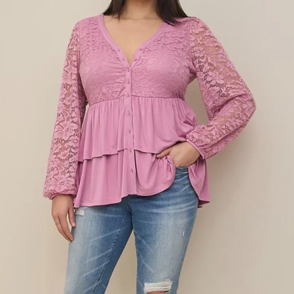 TORRID Dusty Pink Lace Detailed Babydoll Peplum Buttondown Size 1/1XL